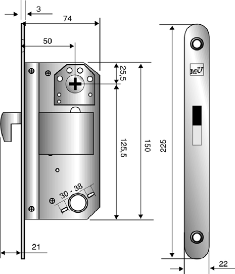 LÅS 1248 Hakregellås med tryckesfall Säkerhetslås för dörrar som skall manövreras med låscylinder. Hakregelkolv låser ut 21 m m med en 360 vridning av nyckel eller vred.
