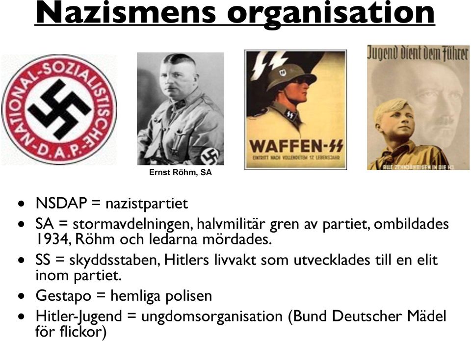 SS = skyddsstaben, Hitlers livvakt som utvecklades till en elit inom partiet.
