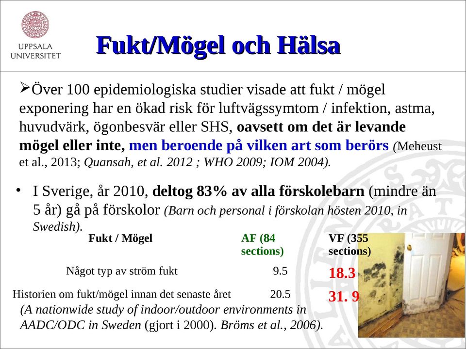 I Sverige, år 2010, deltog 83% av alla förskolebarn (mindre än 5 år) gå på förskolor (Barn och personal i förskolan hösten 2010, in Swedish).